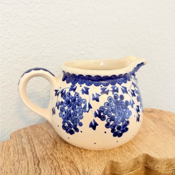 Vintage Handmade Polish Blue Grapes Ceramic Pitcher - Picture 2 of 6